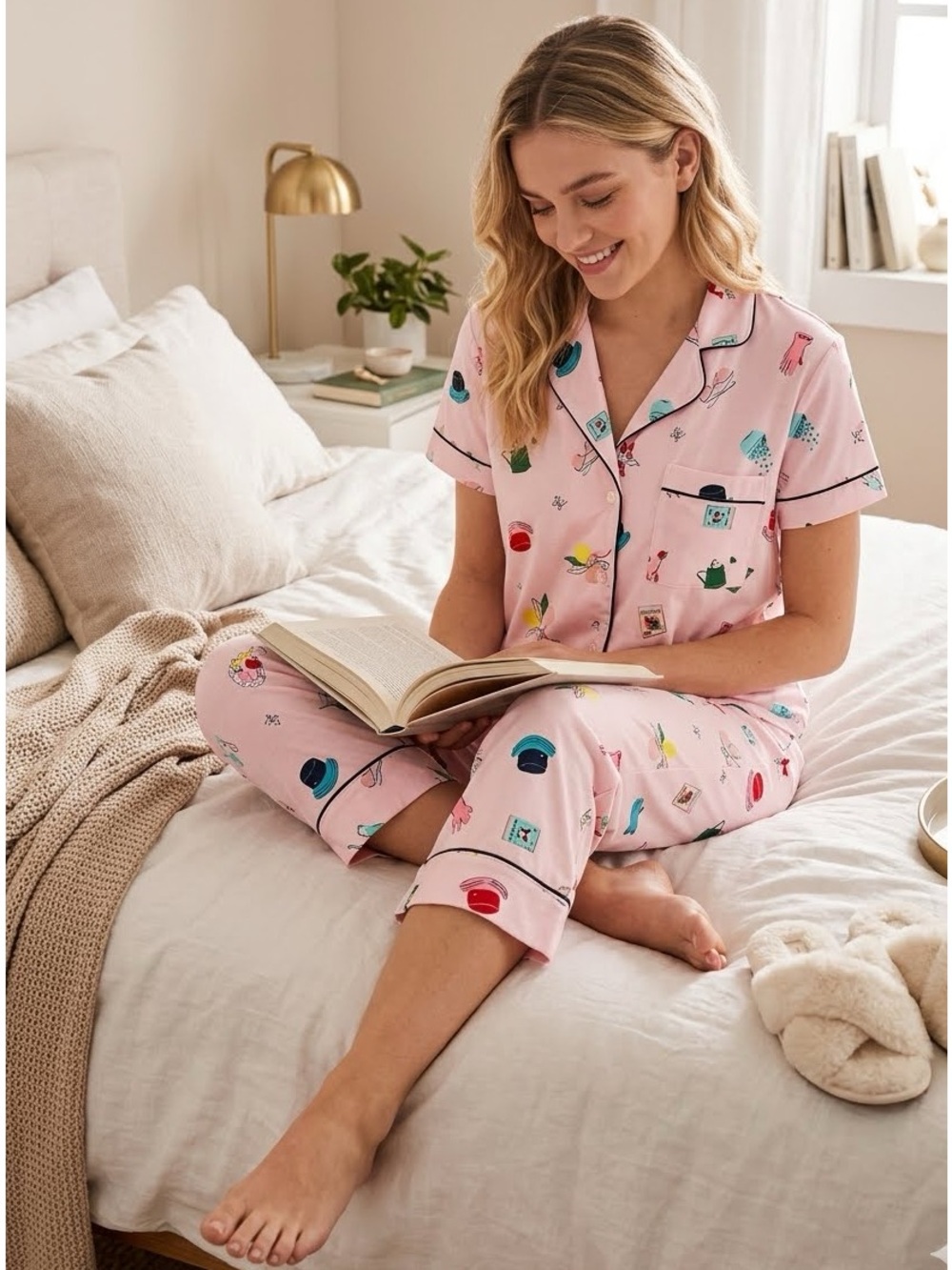 NWT Kate Spade Garden Print Short Sleeve Cropped Pajama Set SZ S Pink Soft Girl